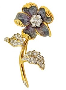 lot 17G image: Vintage Nolan Miller Gold Enamel Rhinestone Floral Brooch  Vintage Nolan Miller Floral Design Runway Brooch