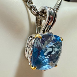 lot 21G image: Designer Style Silver and Gold Tone Balinese Filigree Topaz Blue Square Crystal Pendant Necklace