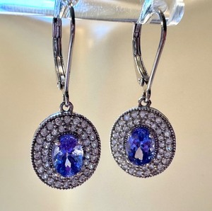 lot 2L image: Pair of Dazzling Sterling Silver and Tanzanite Earrings  Halo Drop Sterling Silver Tanzanite Earrings