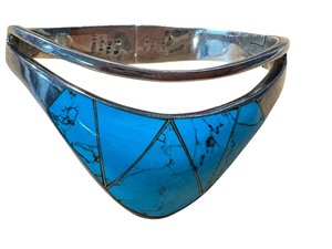 lot 5G image: Vintage Mexican Taxco 950 Silver with Turquoise Inlay Clamper Bracelet