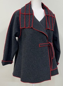 lot 25 image: AnyaSF - Black Multi Flack Wool Short Jacket with Red Trim and Side Tie Belt - Size ML