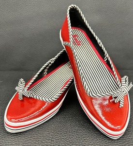 lot 29 image: Keds Sailor Style Red Patent Leather with Black and White Fabric Trim & Bow - Size 7
