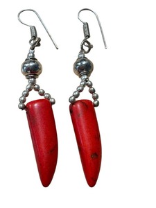 lot 32J image: Pair of Red Stone Dangle Earrings with Silver Accents