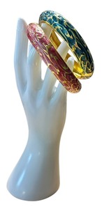 lot 33J image: Set of 2 Cloisonn Style Bangles in Pink and Blue with Gold Accents