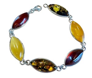 lot 58J image: Sterling Silver Baltic Amber Bracelet with Multicolor Gemstones - 7 Inches