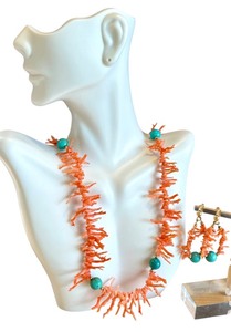 lot 47J image: Coral Necklace and Earring Set with 14k Gold Posts