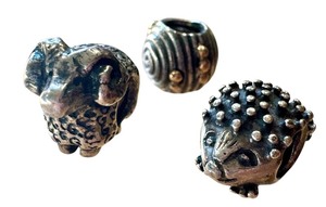 lot 93J image: Set of 3 Pandora Silver Charm Beads - Ram, Spiral and Hedgehog Designs