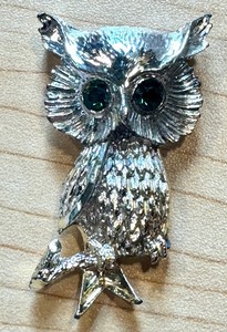 lot 97C image: Vintage Sterling Silver Owl Brooch with Gemstone Eyes
