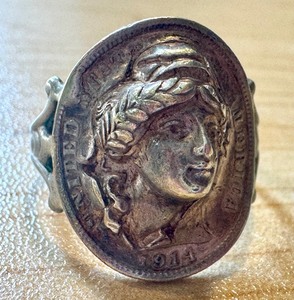 lot 8C image: 1914 Sterling Silver Womens Ring with Unique Coin Design, Size 7