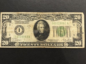 lot 72 image: 1928 B Green Seal $20 Dollar Federal Reserve Note