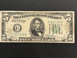 lot 77 image: 1934 B Green Seal $5 Dollar Federal Reserve Note