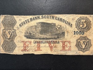 lot 1 image: State Bank of South Carolina $5 Dollar Bill