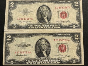lot 34 image: 1953 Red Seal $2 Dollar Notes