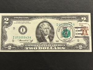 lot 37 image: 1976 Green Seal $2 Dollar Federal Reserve Note Uncirculated with Postal Stamp