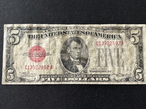 lot 124 image: 1928 C Red Seal $5 Dollar Note