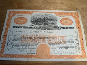 lot 14 image: 1950 Executed Railroad Stock Certificate, Rare - 2 Folds, Excellent Condition, Suitable for Framing