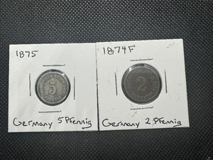 lot 16 image: 1874 & 1875 German Pfennig Coins, Lightly Circulated - Very Good Condition