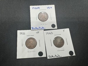 lot 17 image: (3) Lincoln Pennies 1916D, 1921, 1920D Nice Mid Grade
