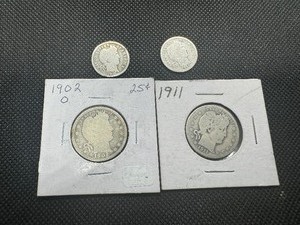 lot 21 image: (2) Barber Quarters and (2) Barber Dimes, 1902O, 1911 and 1911, 1914