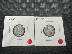 lot 56 image: (2) Mid Grad Mercury Dimes, 1918D and 1920