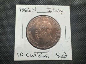 lot 59 image: 1866 N XF Red Italia 10 Centisimi, Very Well Preserved for its Age