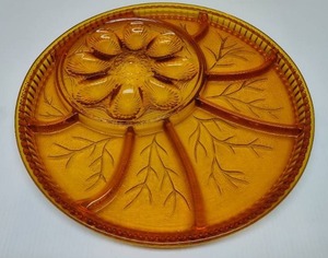 lot 8 image: Indiana Glass Hobnail Amber Deviled Egg Plate & Relish Tray