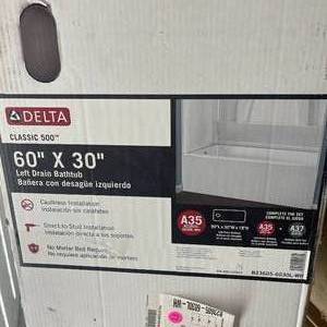 lot 102 image: Delta Classic 500 60 in. x 30 in. Alcove Deep Soaking Bathtub with Left Drain in High Gloss White