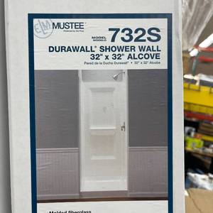 lot 121 image: MUSTEE Durawall 32 in. W x 73.25 in. H 3-Piece Direct To Stud Fiberglass Shower Wall Surround in White