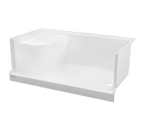 lot 104 image: Aquatique 60 in. L X 32 in. W Alcove Shower Pan Base With Right Hand Drain and Integral Left Seat in White