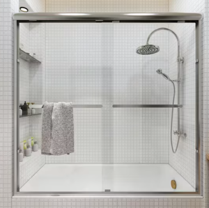 lot 137 image: Sliding Framed Tub Door in Brushed Nickel with Clear Glass TOOLKISS 56 to 60 in. W x 58 in. H