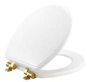 lot 165 image: BEMIS Weston Round Soft Close Enameled Wood Toilet Seat in White Brushed Gold Metal Hinge