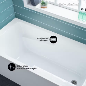 lot 175 image: Swiss Madison Voltaire 54 in. x 30 in. Acrylic White Integral Armrest Right-Hand Drain