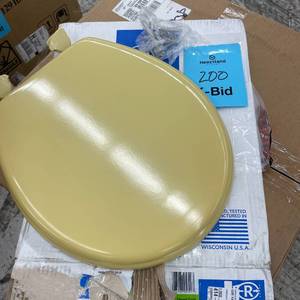 lot 200 image: BEMIS Round Enameled Wood Closed Front Toilet Seat in Desert Gold