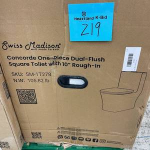 lot 219 image: Swiss Madison Concorde 10 INCH ROUGH IN 1-piece Square Toilet in Glossy White Seat Included 1.11.6 GPF Dual Flush