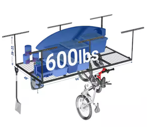 lot 102 image: FLEXIMOUNTS OHK Series 48 in W x 96 in Black Ceiling Mounted Overhead Garage Storage Rack with Accessory Hooks