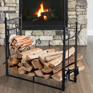 lot 109 image: Wrought Iron Indoor Outdoor Fireplace Tool Set Log Rack Holder with Fireplace Tools 33 in.