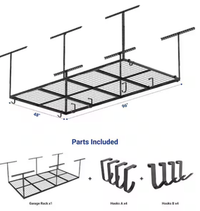lot 149 image: FLEXIMOUNTS OHK Series 48 in. W x 96 in. D Black Ceiling Mounted Overhead Garage Storage Rack with Accessory Hooks
