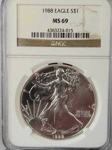 lot 2 image: 1988 - Silver American Eagle  NGC MS69