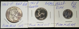 lot 26 image: 1962 - P - BU Half Quarter & Dime all from Mint Sets 
