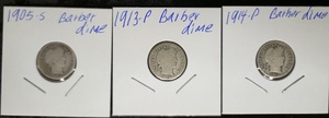 lot 27 image: 3- Barber Dimes  1905- S , 1913-P, & 1914-P