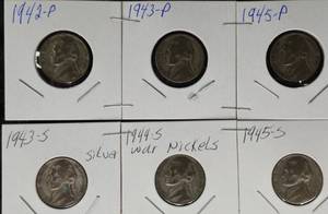lot 30 image: 6 - Silver War Nickels  1943-S,1944-S,1945-S,1942-P, 1943-P, 1945-P