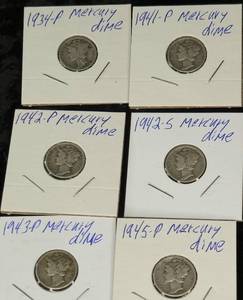 lot 34 image: 6 - Mercury Dimes  1934-P, 1941-P, 1942-P, 1942-S, 1943-P, and 1945-P.
