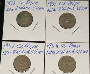 lot 41 image: 4 - Silver New Zealand Six Pence - 1945,1951,1952 & 1958