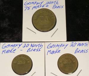lot 43 image: 3 - German Werth Mark Brass 1975   &     2 - German Werth Mark Brass 1920s