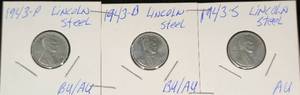 lot 45 image: 1943 Steel Lincoln Cent Set  1943-P, D, S  - VERY NICE