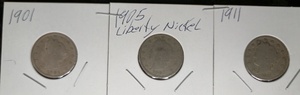 lot 47 image: 3 - Liberty Nickels  1901, 1905 & 1911
