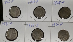 6 - Buffalo Nickels | 1920-P,1926-P,1929-P,1934-P, 1935-S & 1936-P