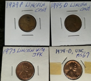 lot 50 image: 1973 Lincoln Cent with JFK MS Red  1974-D MS67, 1929-P & 1945-D