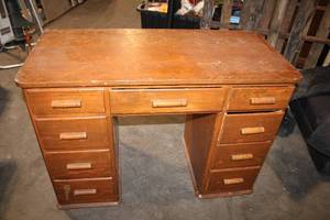 lot 244 image: Vintage Wooden Desk with 9 Drawers and Custom Inscription