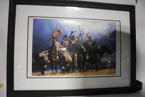 lot 272 image: Framed Artwork with Dual Sided Pieces -- Native American Riders and Abstract Art